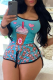 Blue Sexy Print Patchwork Spaghetti Strap Sleeveless Two Pieces