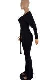 Black Sexy Solid Patchwork With Belt Off the Shoulder Boot Cut Jumpsuits(Contain The Belt)