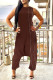 Dark Brown Street Solid Patchwork Pocket Zipper O Neck Loose Jumpsuits