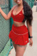 Red Sexy Sportswear Solid Embroidered Spaghetti Strap Sleeveless Two Pieces