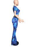 Blue Casual Print Ripped Patchwork O Neck Short Sleeve Two Pieces