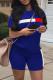 Blue Fashion Casual Patchwork Basic O Neck Short Sleeve Two Pieces