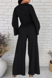 Black Fashion Casual Solid Ripped O Neck Long Sleeve Two Pieces