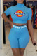 Blue Fashion Casual Print Basic Turtleneck Short Sleeve Two Pieces