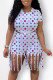 Pink Casual Print Tassel Patchwork O Neck Short Sleeve Two Pieces