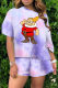 Purple Sexy Patchwork Tie-dye O Neck Short Sleeve Two Pieces