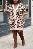 Leopard print Fashion Casual Plus Size Print Patchwork V Neck Printed Dress