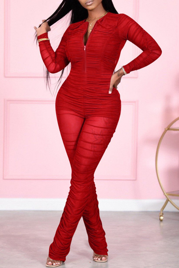 Red Fashion Sexy Solid Patchwork Fold Zipper Collar Regular Jumpsuits