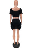 Black Sexy Patchwork Stringy Selvedge Off the Shoulder Short Sleeve Two Pieces