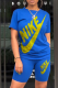 Blue Casual Print Patchwork O Neck Short Sleeve Two Pieces