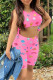 Pink Sexy Print Hollowed Out Patchwork Frenulum O Neck Sleeveless Two Pieces