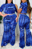 Blue Casual Print Ripped Patchwork O Neck Short Sleeve Two Pieces