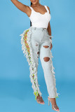 Light Color Sexy Solid Tassel Ripped Bandage Make Old Straight Denim Jeans