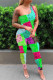 Green Fashion Casual Print Backless One Shoulder Skinny Jumpsuits