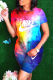Blue Casual Patchwork Tie-dye O Neck Short Sleeve Two Pieces
