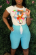 White Casual Print Patchwork O Neck Short Sleeve Two Pieces