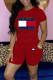 Red Casual Print Patchwork Pocket O Neck Short Sleeve Two Pieces