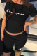 Black Sportswear Print Patchwork O Neck Short Sleeve Two Pieces