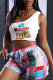 Yellow White Casual Print Patchwork One Shoulder Sleeveless Two Pieces