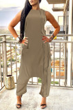 Black Street Solid Patchwork Pocket Zipper O Neck Loose Jumpsuits