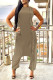 Khaki Street Solid Patchwork Pocket Zipper O Neck Loose Jumpsuits