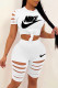 White Fashion Casual Print Ripped O Neck Short Sleeve Two Pieces