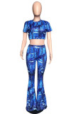 Blue Casual Print Ripped Patchwork O Neck Short Sleeve Two Pieces