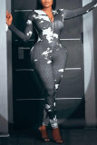 Black Sexy Print Patchwork Zipper Collar Skinny Jumpsuits