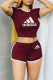Burgundy Fashion Casual Letter Print Basic O Neck Short Sleeve Two Pieces