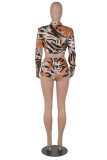 Pink Fashion Casual Print Basic Zipper Collar Long Sleeve Two Pieces