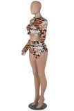 Pink Fashion Casual Print Basic Zipper Collar Long Sleeve Two Pieces