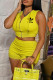 Yellow Casual Sportswear Print Zipper Hooded Collar Sleeveless Two Pieces