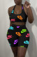 Black Sexy Sportswear Print Backless Halter Sleeveless Two Pieces