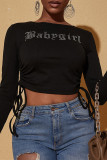 Black Fashion Casual Letter Hot Drilling Bandage O Neck Tops