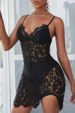 Black Sexy Solid Hollowed Out See-through Backless V Neck Sling Dress