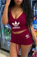 Burgundy Sexy Casual Print Backless V Neck Sleeveless Two Pieces