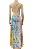 Multicolor Sexy Print Patchwork Backless Flounce Asymmetrical V Neck Sling Dress Dresses