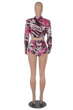 Pink Fashion Casual Print Basic Zipper Collar Long Sleeve Two Pieces