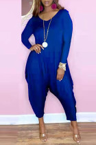 Blue Fashion Casual Solid Basic V Neck Harlan Jumpsuits