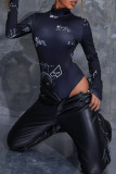 Black Sexy Casual Print Basic Turtleneck Long Sleeve Skinny Romper