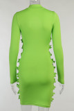 Green Sexy Casual Solid Hollowed Out Turtleneck Long Sleeve Dresses