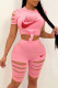 Pink Fashion Casual Print Ripped O Neck Short Sleeve Two Pieces