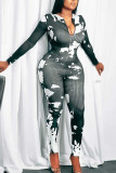 Black Sexy Print Patchwork Zipper Collar Skinny Jumpsuits