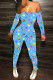 Light Blue Sexy Print Patchwork Off the Shoulder Skinny Jumpsuits
