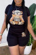 Black Street Character Print Patchwork O Neck Short Sleeve Two Pieces