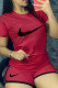 Red Casual Sportswear Print Basic O Neck Short Sleeve Two Pieces
