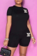 Black Casual Print Patchwork O Neck Short Sleeve Two Pieces