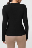 Black Fashion Casual Solid Buttons Slit O Neck Tops