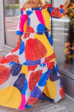 Multicolor Fashion Casual Print With Belt Off the Shoulder Long Sleeve Dresses