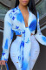 Light Blue Fashion Casual Print Bandage V Neck Tops